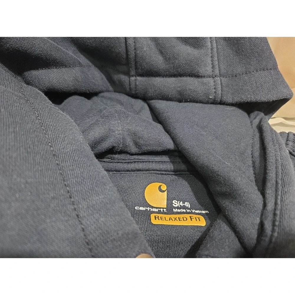Unisex Carhartt Small Pullover‎ Hoodie Navy Blue And Maroon Logo Sleeve